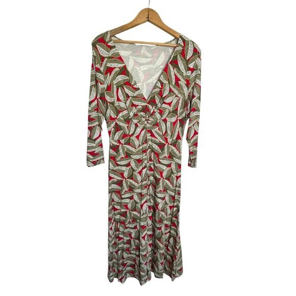 Boden Maxi Leaf Dress Tan Red Size 14 Knit 3/4 Long Sleeve V Neck Stretch Office - Picture 1 of 9